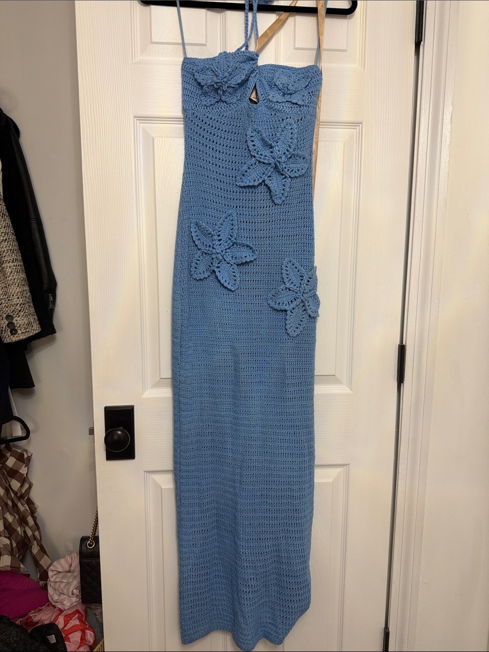Meshki Blue Crochet Midi Dress with Floral Appliqués
